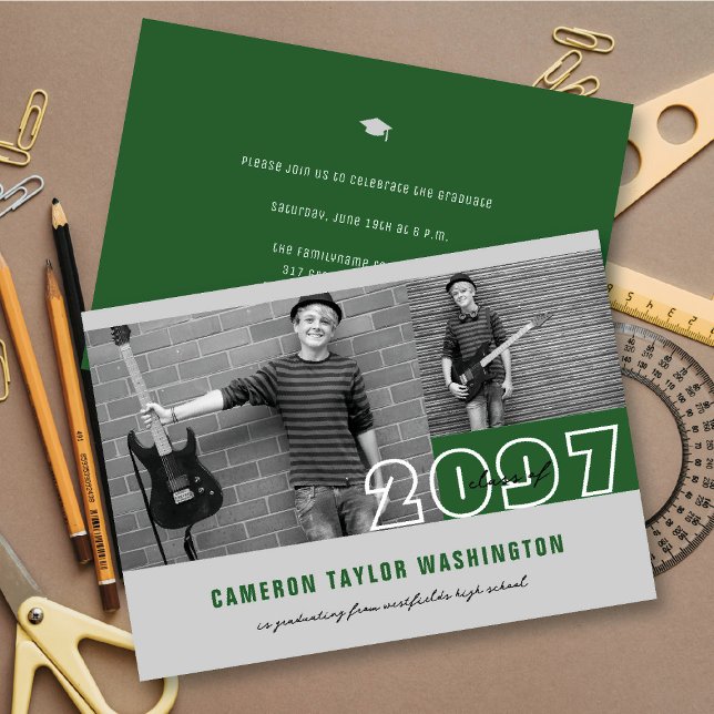 Modern Green 2 Photo Block Simple Graduation Party Invitation (Modern Green 2 Photo Blocks Simple Graduation Announcement & Party Invitation @ fatfatin)