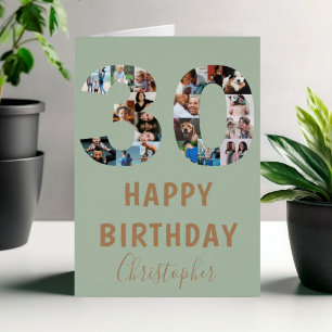 Modern Green 30th Happy Birthday Photo Collage Cards