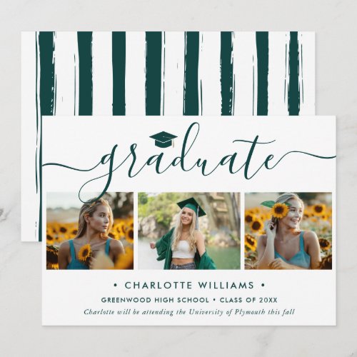 Modern Green 3 Photo Collage Script Graduation Announcement