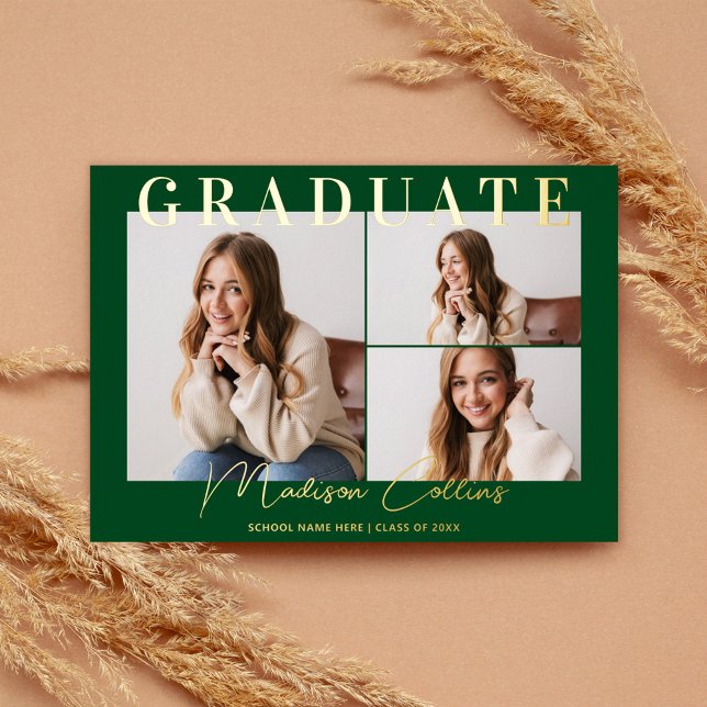 Modern Green 3 Photo Graduation Gold Foil Invitation (Creator Uploaded)