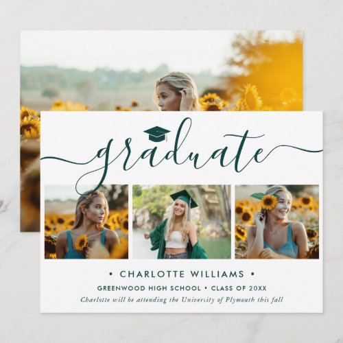 Modern Green 4 Photo Collage Script Graduation Announcement