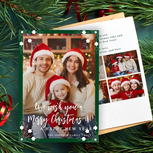 Modern green 5 photo collage Merry Christmas Holiday Card