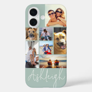 Modern Green 7 Photo Collage Custom Colors iPhone 16 Case