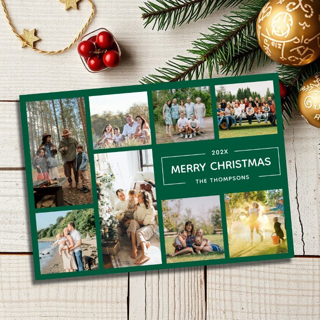 Modern Green 8 Photo Collage Merry Christmas Holiday Card (Creator Uploaded)
