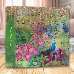 Modern Green Abstract Peacock Feather Gold Drip 3 Ring Binder
