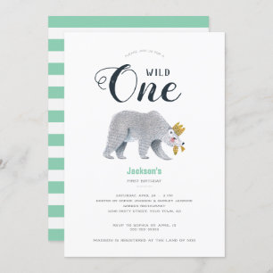 Modern Green Adventure Bear Animal First Birthday Invitation