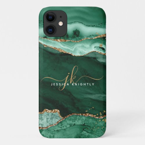 Modern Green Agate Gold Glitter Script Monogram iPhone 11 Case