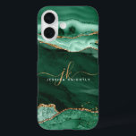 Modern Green Agate Gold Glitter Script Monogram iPhone 16 Case<br><div class="desc">Modern, elegant cell phone case with emerald green agate and marble and faux gold glitter accents personalized with chic handwritten script monogram initials and name. ASSISTANCE: For help with design modification or personalization, color change, resizing or transferring the design to another product, contact the designer BEFORE ORDERING via the Zazzle...</div>