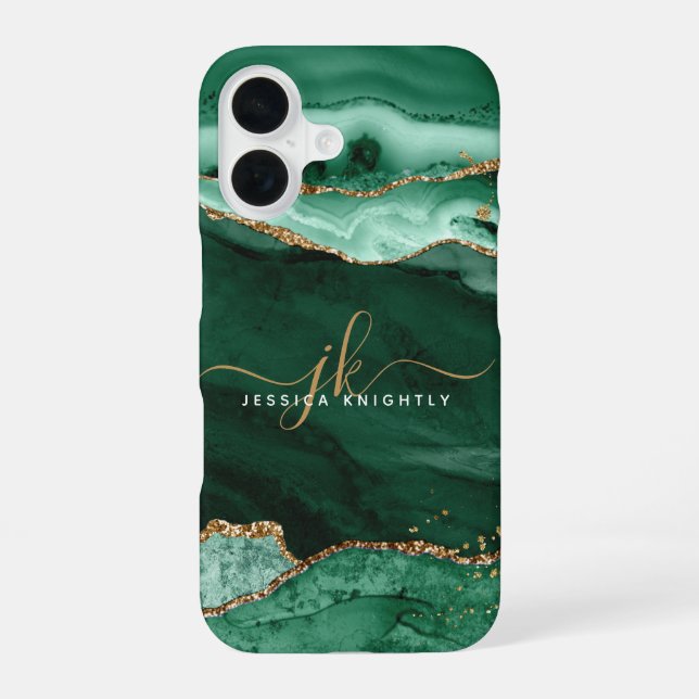 Modern Green Agate Gold Glitter Script Monogram Iphone Case (Back)