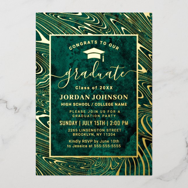 Modern Green Agate Marble Graduation Party Gold Foil Invitation (Front)