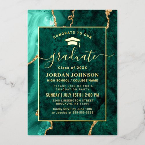 Modern Green Agate Marble Graduation Party Gold Foil Invitation