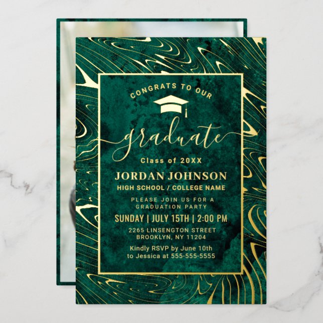 Modern Green Agate Marble Graduation Party Gold Foil Invitation (Front/Back)