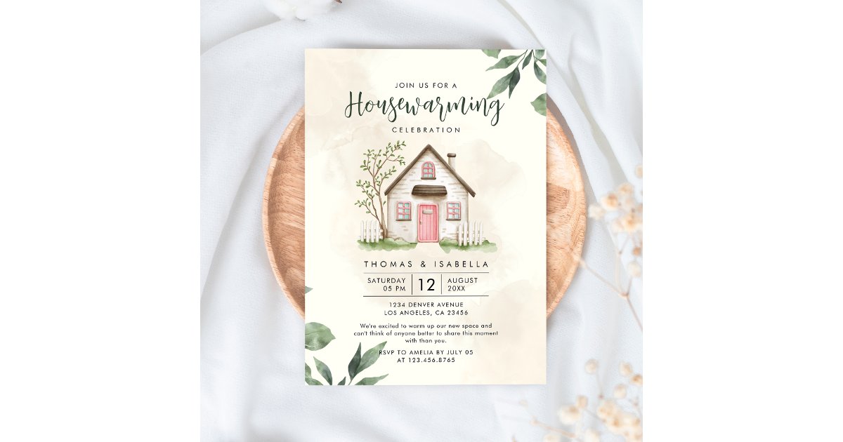 Modern Green and Beige Watercolor Housewarming Invitation | Zazzle