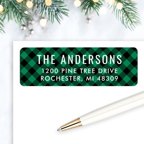 Modern Green and Black Buffalo Plaid Holiday Label