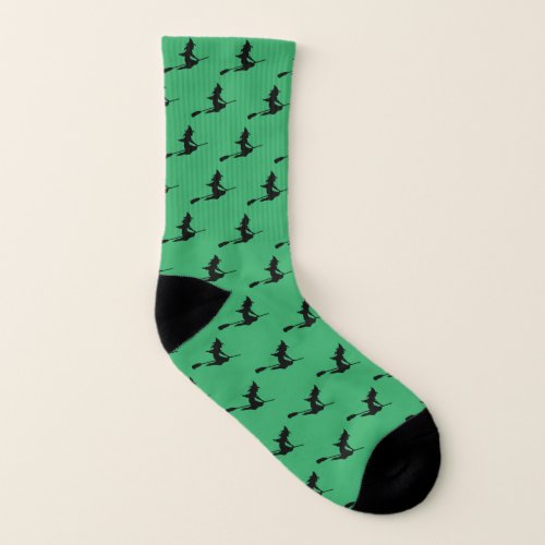 Modern Green and Black Flying Witch on Broom Socks