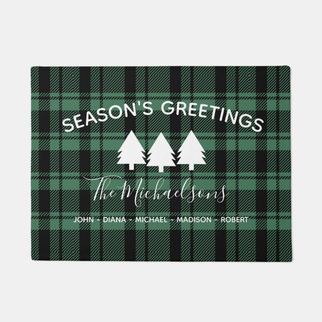 Modern Green and Black Plaid with Monogram Name  Doormat (Front)