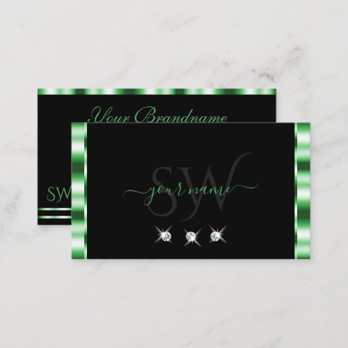 Modern Green and Black Sparkling Diamonds Initials Business Card