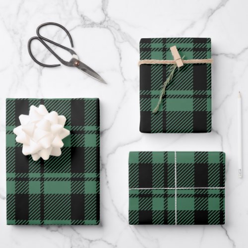 Modern Green and Black Tartan Plaid Wrapping Paper Sheets