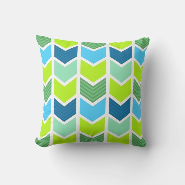 Modern Green and Blue Geometric Chevron Pattern Throw Pillow (Front)