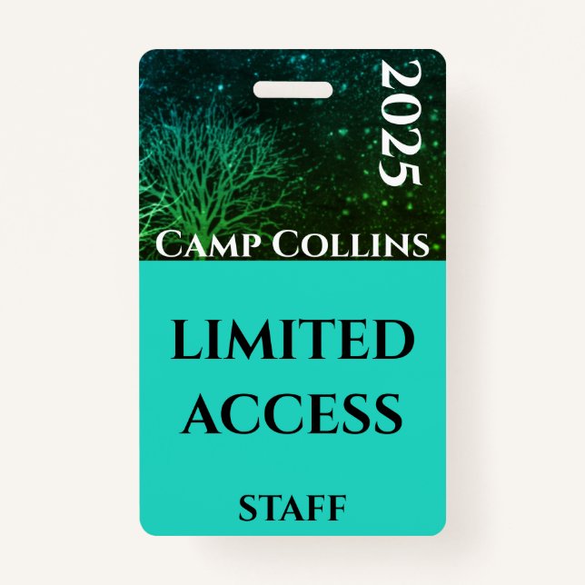 Modern Green and Blue Rustic Camp Staff Badge (Front)