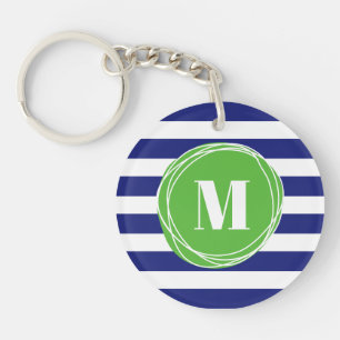 Modern Green And Blue Stripes Monogram Keychain