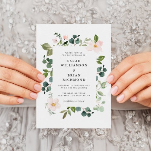modern green and blush floral wedding invitation
