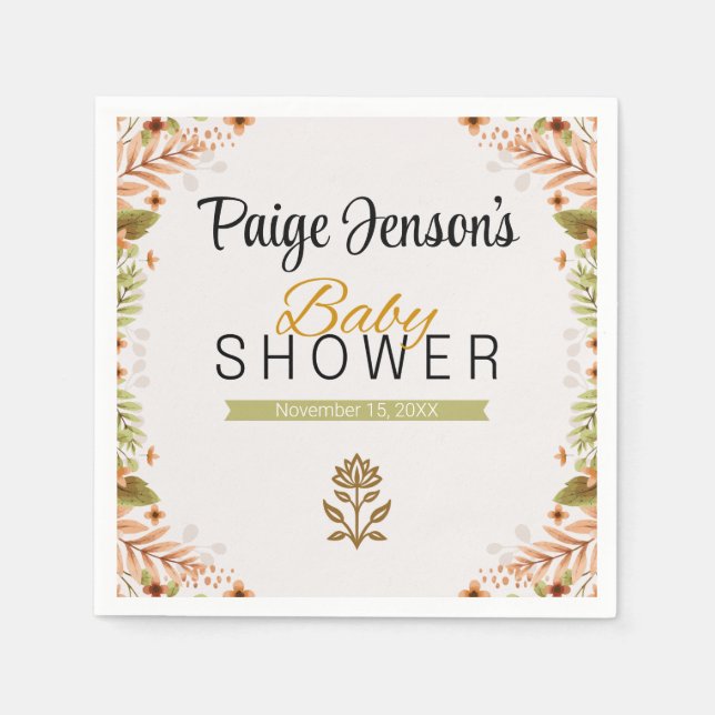 Modern Green and Brown Botanicals Baby Shower Napkins (Front)