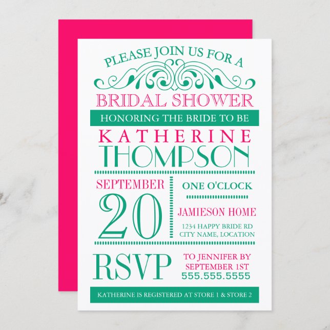 Modern Green and Fuchsia Bridal Shower Invitation (Front/Back)