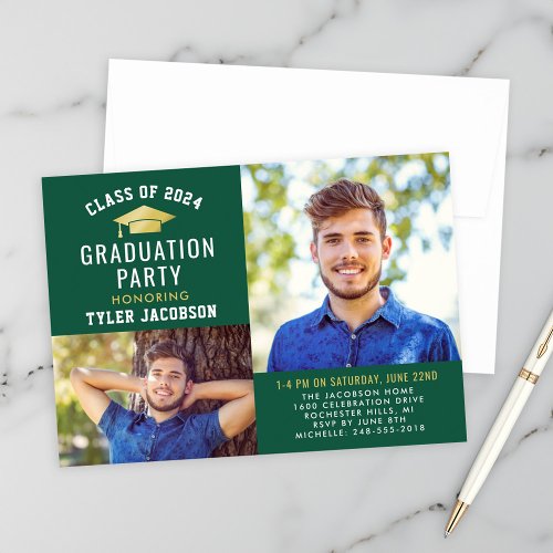 Modern Green and Gold 2024 Photo Graduate Party Invitation