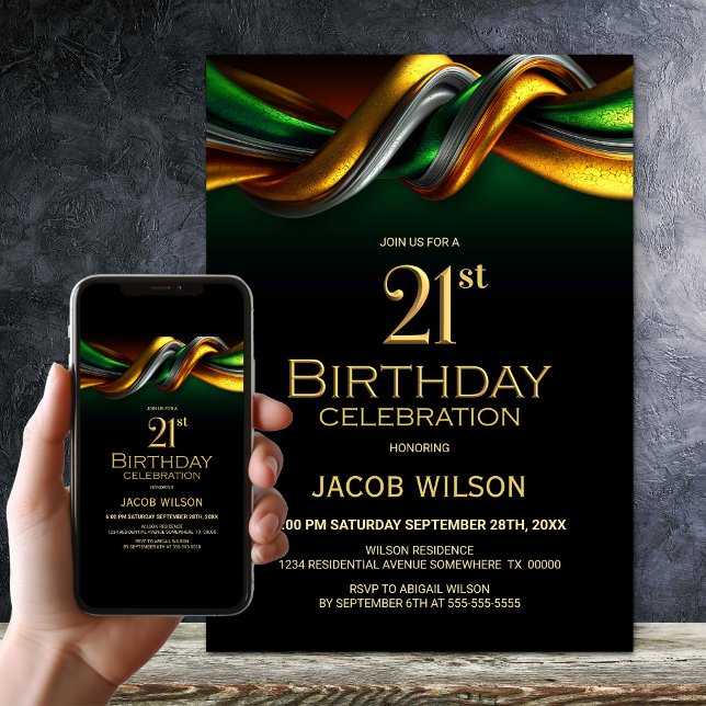 Modern Green and Gold 21st Birthday Party Invitation (Creator Uploaded)