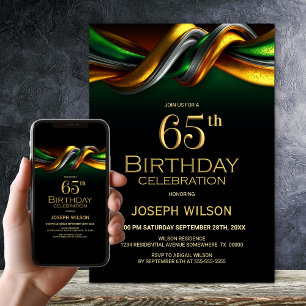 Modern Green and Gold 65th Birthday Party Invitation