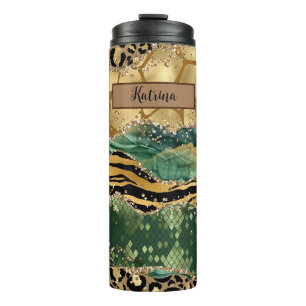 Modern Green and Gold Animal Print Agate  Thermal Tumbler