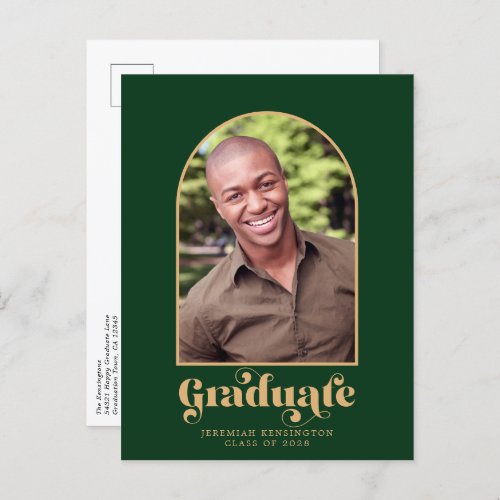 Modern Green and Gold Arch Photo Graduation Announcement Postcard