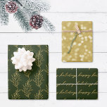 Modern Green and Gold Calligraphy Christmas Wrapping Paper Sheets<br><div class="desc">Custom-designed wrapping paper sheets featuring "Happy Holidays" modern gold hand calligraphy with gold bokeh and foliage design.</div>
