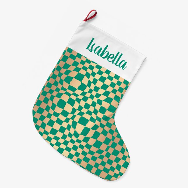 Modern Green and Gold Checker Pattern Large Christmas Stocking (Front (Hanging))