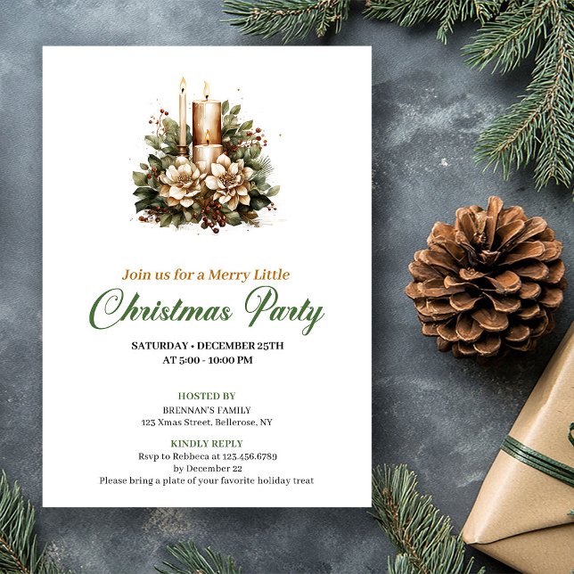 Modern Green And Gold Christmas Candle Celebration Invitation (Modern Green And Gold Christmas Candle Celebration Invitation)