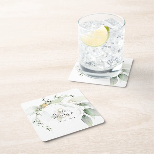 Modern Green and Gold Eucalyptus  Square Paper Coaster