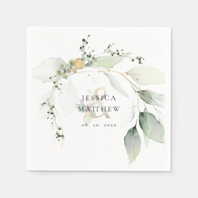 Modern Green and Gold Eucalyptus Wedding Napkins (Front)