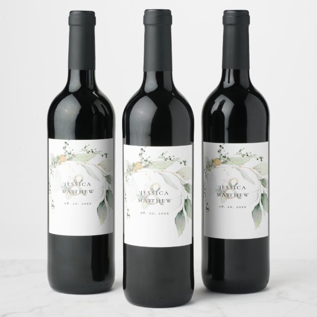 Modern Green and Gold Eucalyptus Wedding  Wine Label (Bottles)
