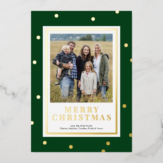Modern Green and Gold Foil Christmas Photo Card (Front)