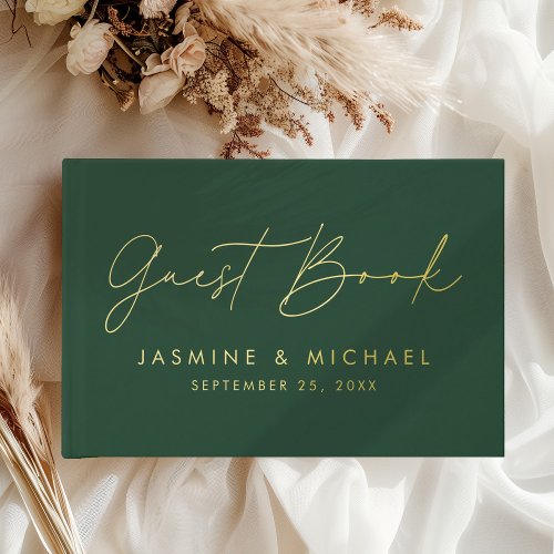 Modern Green and Gold Foil Script Photo Wedding Foil Guest Book