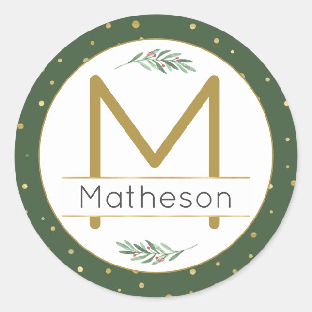 Modern Green and Gold Holiday Monogram and Name Classic Round Sticker (Front)
