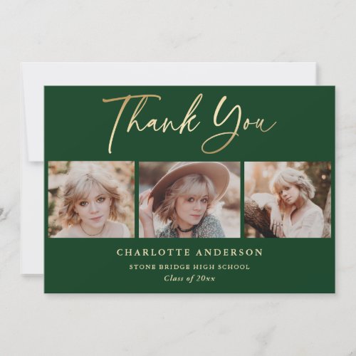 Modern Green and Gold Photo Collage Graduation Thank You Card