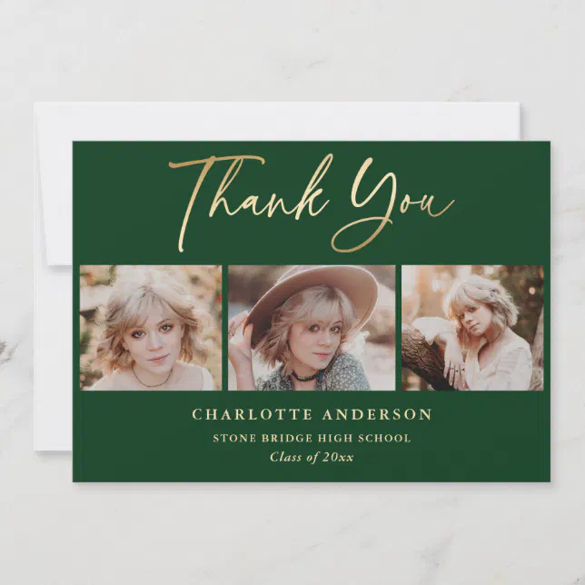 Modern Green And Gold Photo Collage Graduation Thank You Card Zazzle