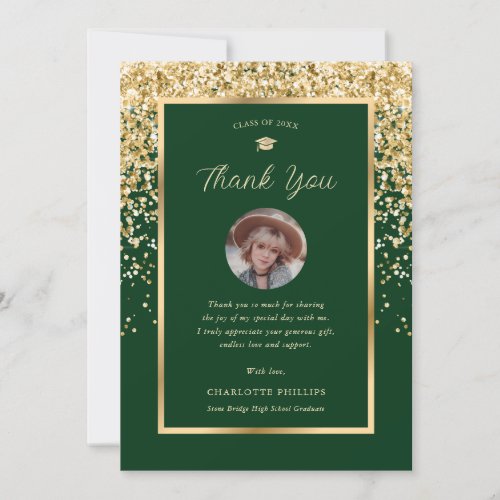Modern Green and Gold Photo Graduation Thank You Card