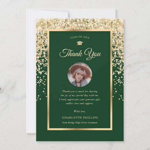 Modern Green and Gold Photo Graduation Thank You Card