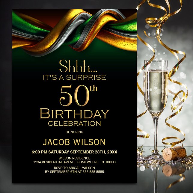 Modern Green and Gold Surprise 50th Birthday Party Invitation (Creator Uploaded)