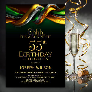 Modern Green and Gold Surprise 55th Birthday Party Invitation