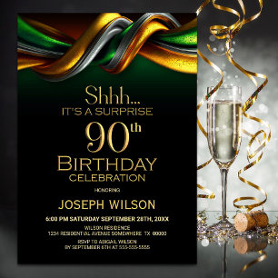 Modern Green and Gold Surprise 90th Birthday Party Invitation