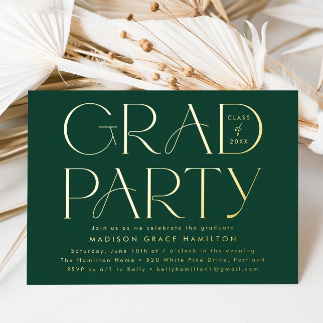 Modern Green and Gold Typography Graduation Party Foil Invitation (Creator Uploaded)